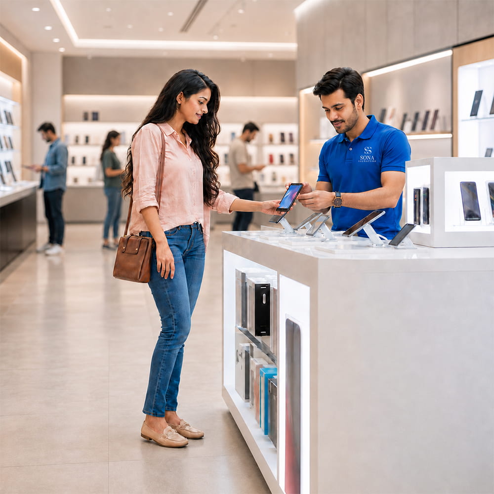 Retail staff wearing branded uniform in an electronics and consumer goods store