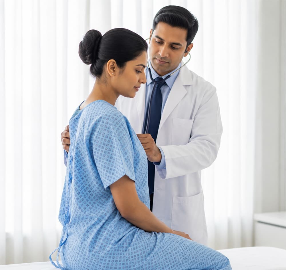 Hospital patient wearing standard patient gown uniform