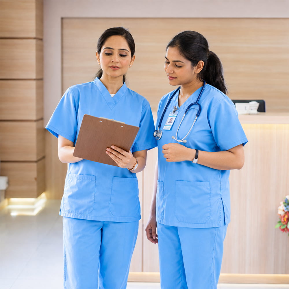Nurse wearing branded nursing uniform in a hospital ward