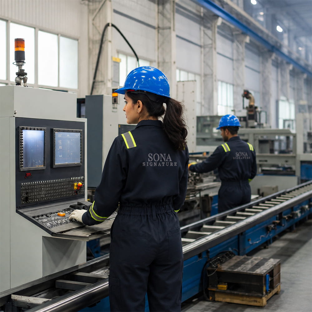 Factory worker operating CNC production equipment in Sona Signature uniform