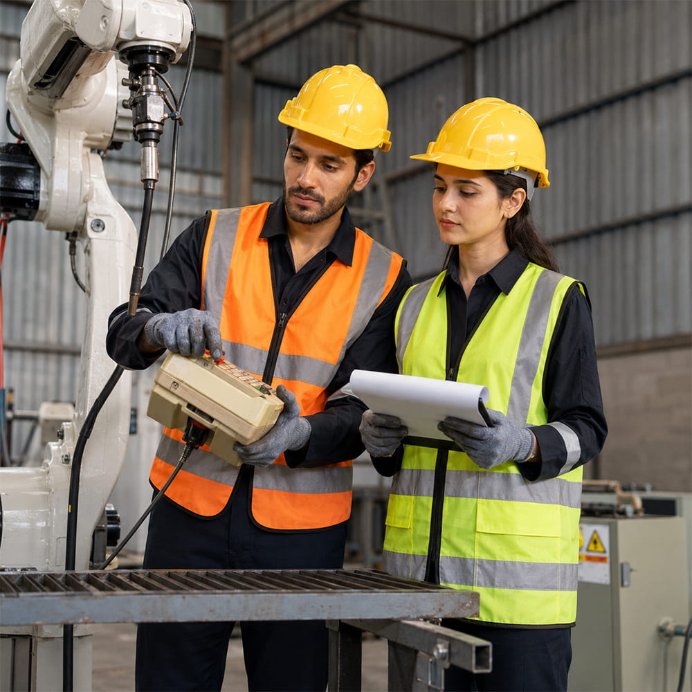 Technical staff servicing industrial equipment in Sona Signature workwear