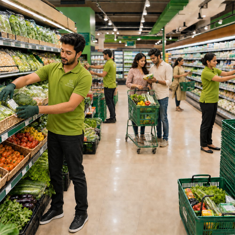 Supermarket staff wearing matching branded uniforms while assisting customers
