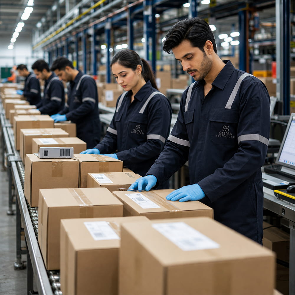 Warehouse staff packing and scanning boxes in Sona Signature logistics uniforms