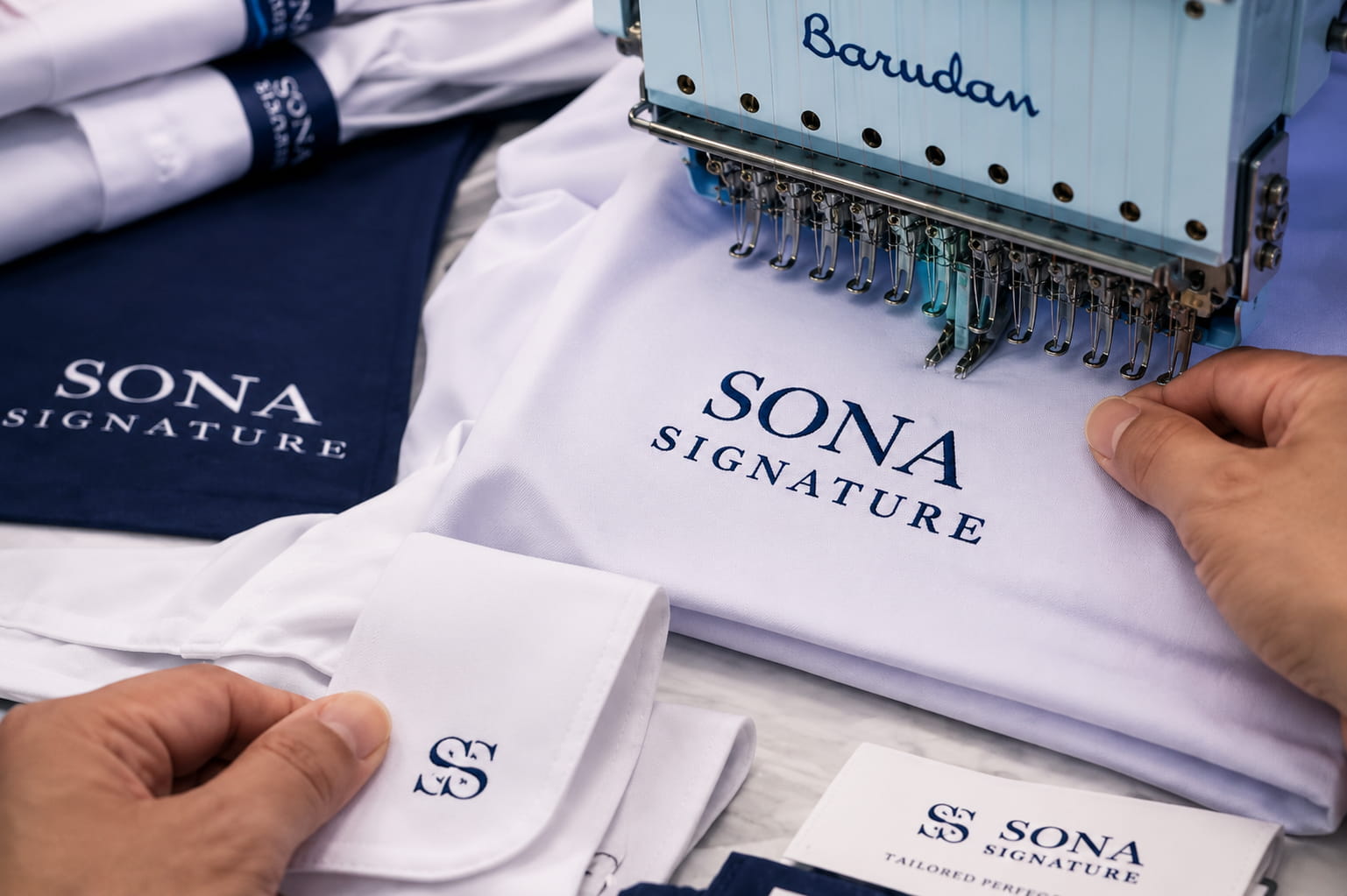Embroidered Sona Signature branding customised on uniform fabric