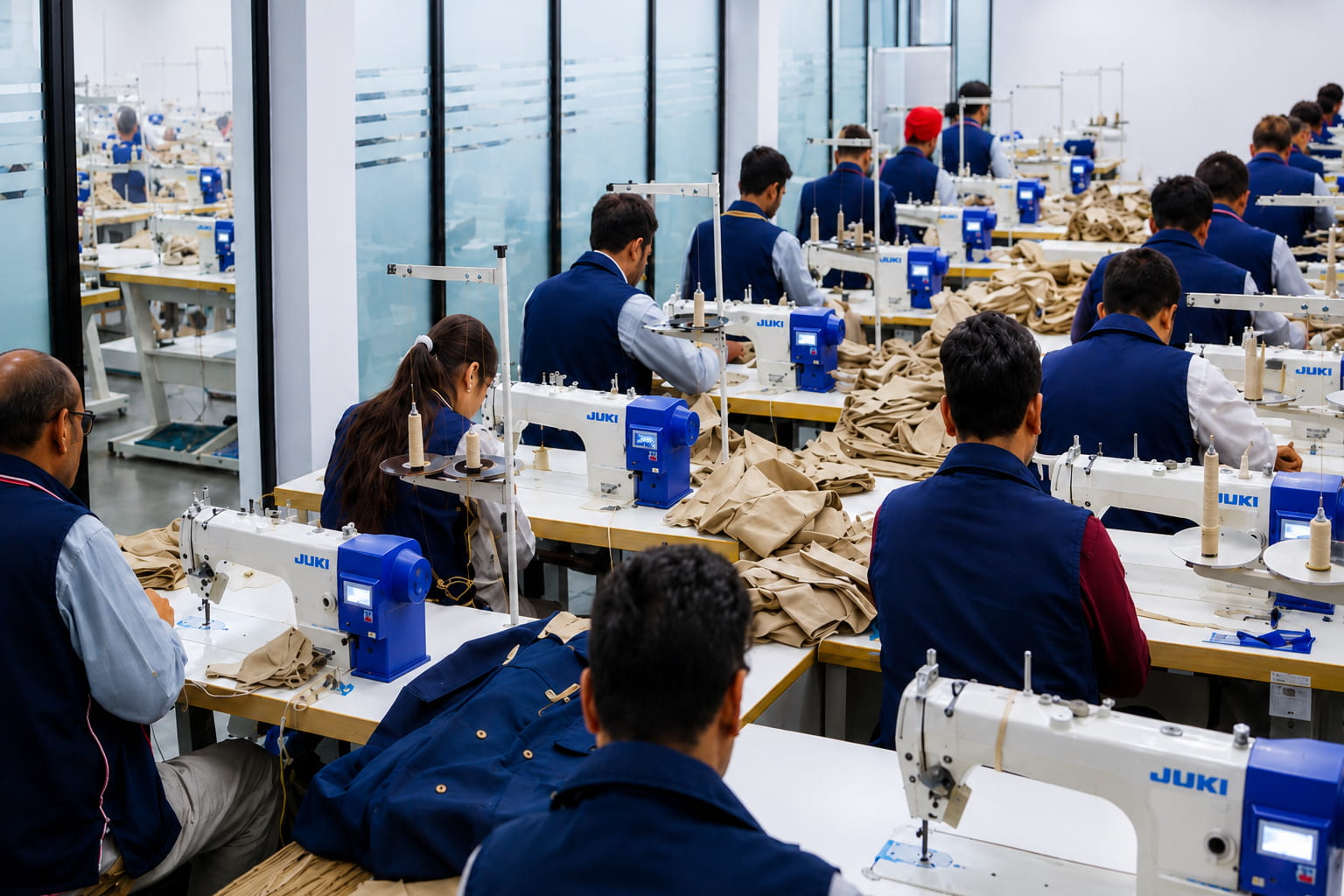 Sona Signature production floor with tailors stitching uniforms at scale