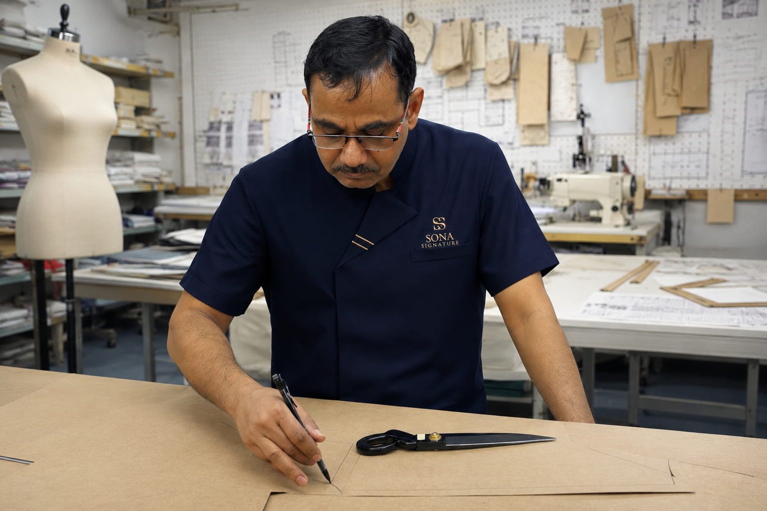 Pattern master cutting fabric for industry-specific uniform design at Sona Signature