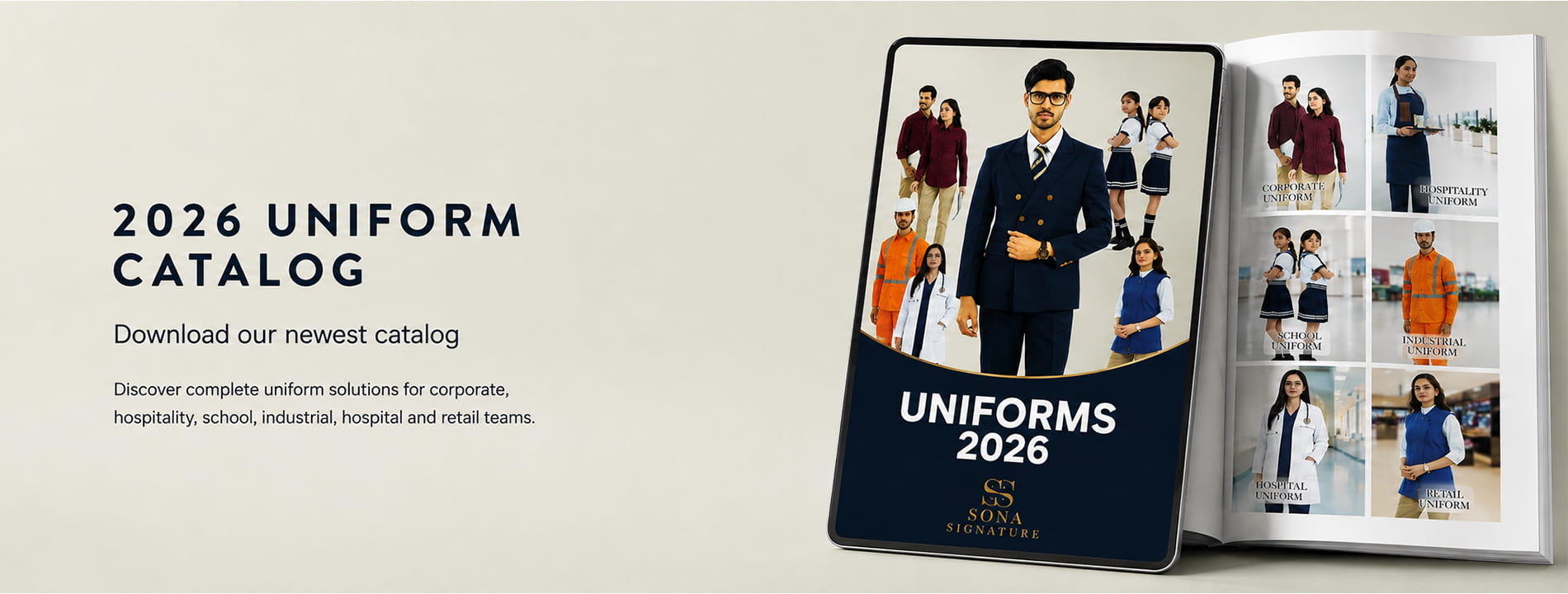 Sona Signature 2026 Uniform Catalog cover on a tablet with a printed catalog showing corporate, hospitality, school, industrial, hospital and retail uniforms