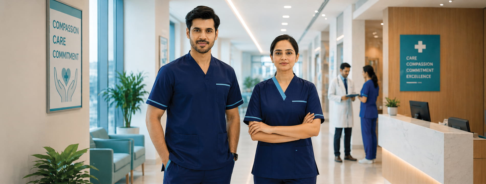Male and female healthcare staff wearing navy blue scrub uniforms in a hospital corridor