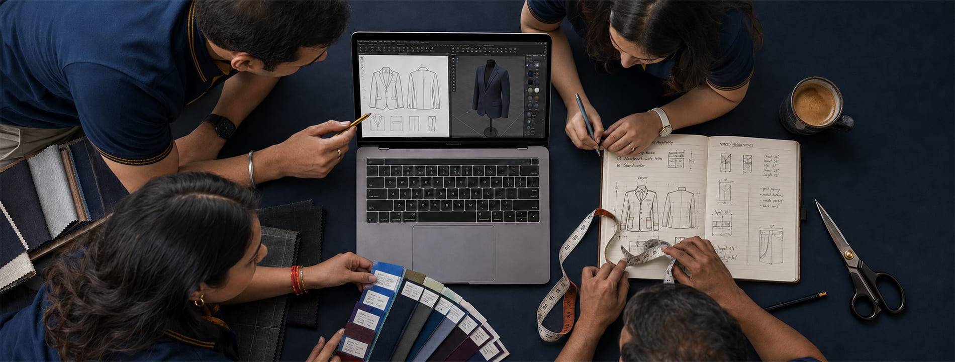 Uniform design team reviewing blazer sketches, digital 3D mockup, and fabric swatches on a laptop