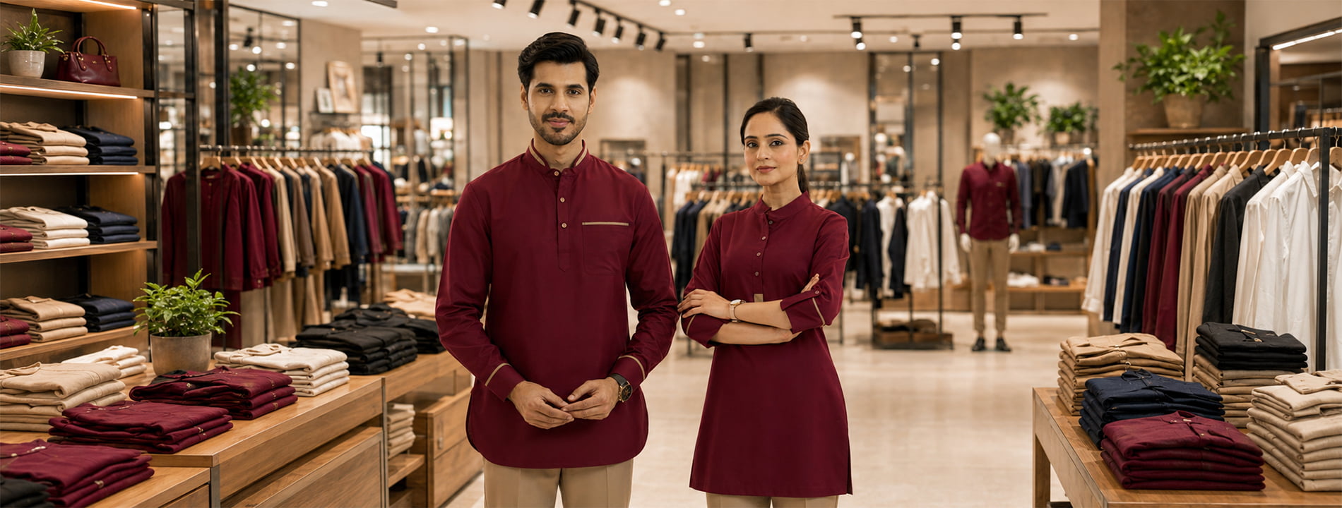 Retail employees in professional branded uniforms inside a clothing boutique